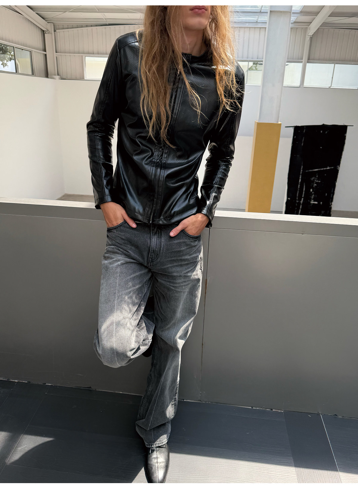 JCAESAR Slim Fit Mesh Leather Jacket