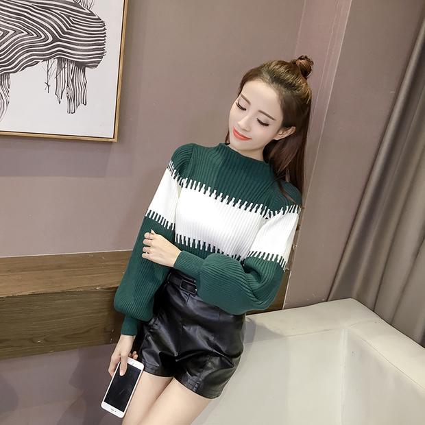 Mùa thu 2018 phiên bản Hàn Quốc mới của áo len khâu áo mới của phụ nữ đầu đèn lồng tay áo len lỏng lẻo chạm đáy áo thủy triều áo nữ trung niên