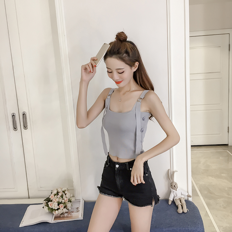 Mùa hè mới phiên bản Hàn Quốc của áo len không tay hoang dã áo len đoạn ngắn mặc vest sling đáy áo sơ mi rốn áo kiểu trung niên