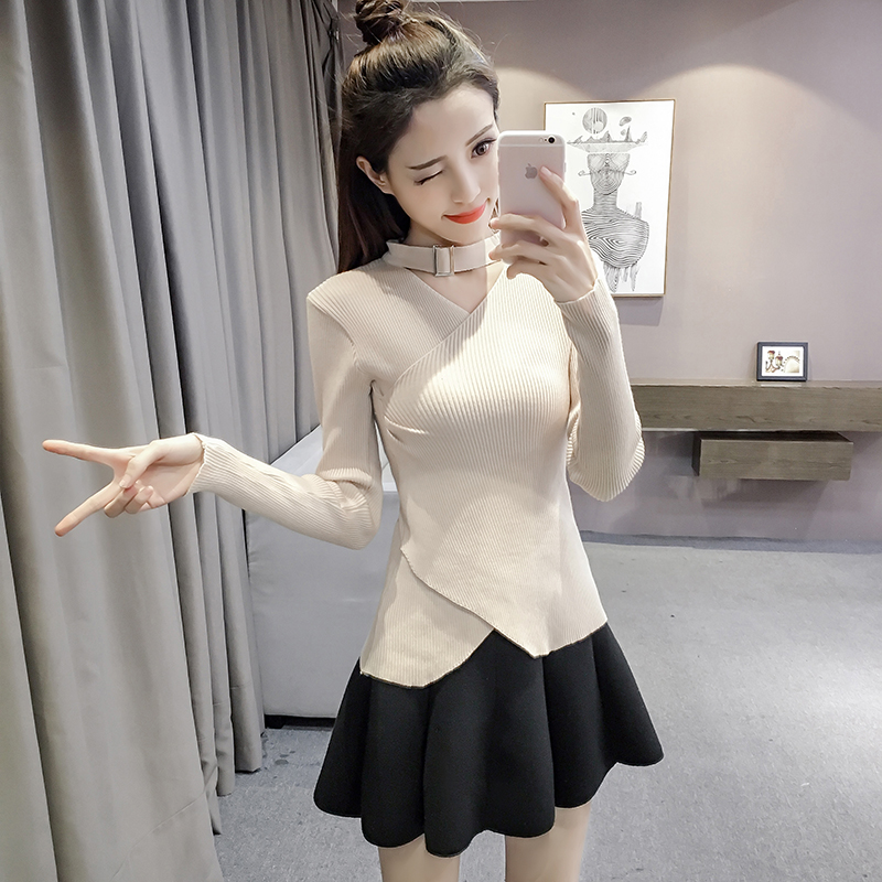 Treo cổ v- cổ rỗng áo len nữ đầu mùa thu ngắn áo sơ mi nhỏ t- shirt không thường xuyên chặt chẽ- phù hợp bên trong đan đáy áo sơ mi áo khoác cardigan nữ