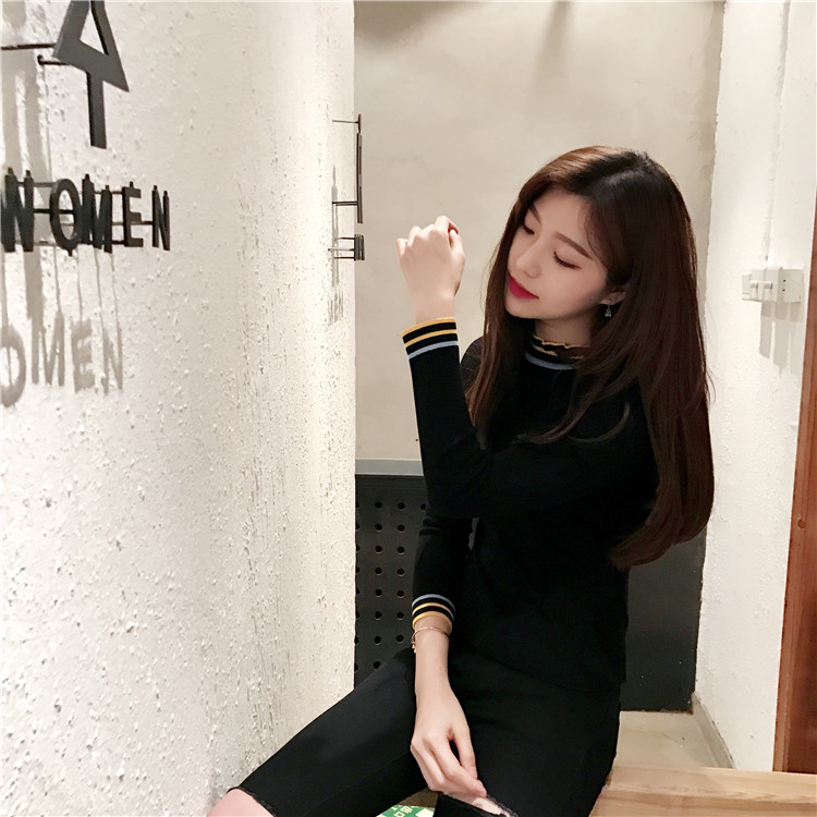 Retro Hàn Quốc chic màu tương phản sọc cổ áo ren đáy áo sơ mi mỏng phần dài tay áo thun áo len áo khoác len mỏng