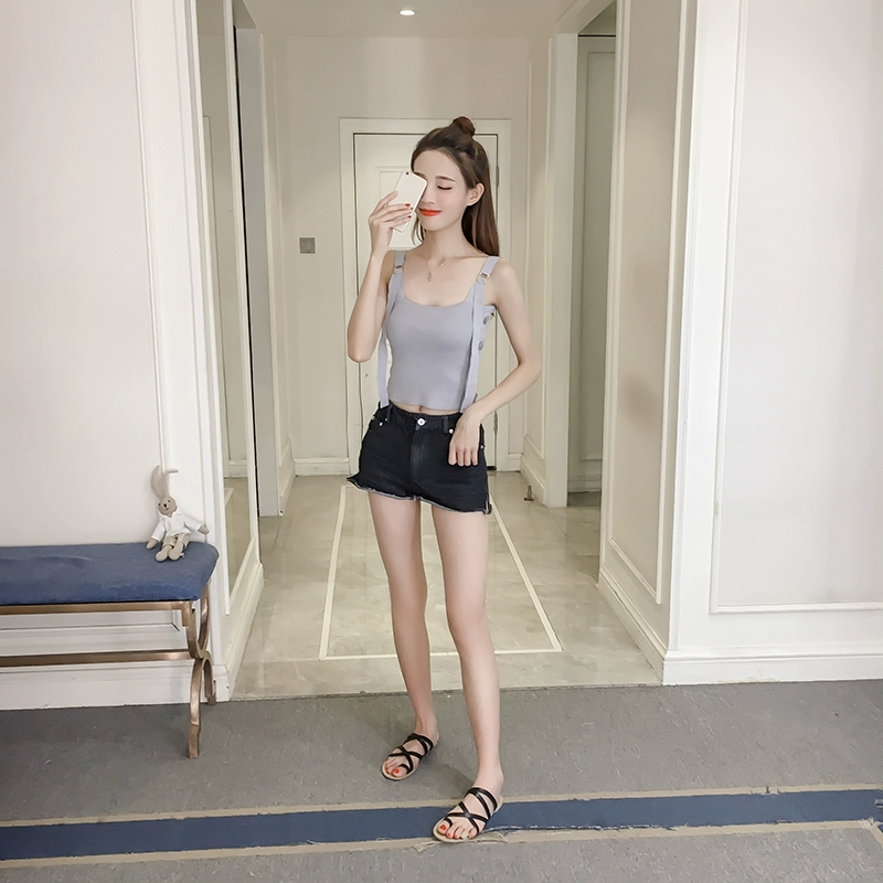 Mùa hè mới phiên bản Hàn Quốc của áo len không tay hoang dã áo len đoạn ngắn mặc vest sling đáy áo sơ mi rốn