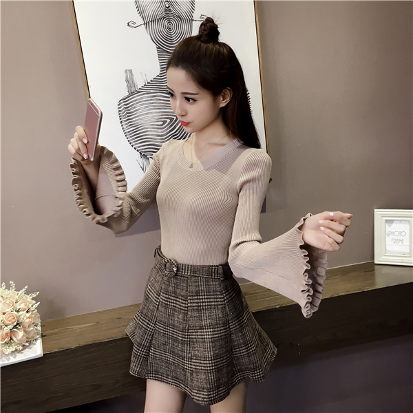 Thời trang mới bằng gỗ kèn tay áo len mùa thu và mùa đông Phiên bản mới của Hàn Quốc tự may áo thun cổ tròn áo dài tay nữ áo len nữ hàng hiệu