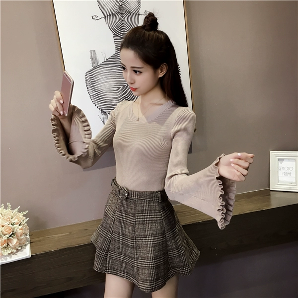 Thời trang mới bằng gỗ kèn tay áo len mùa thu và mùa đông Phiên bản mới của Hàn Quốc tự may áo thun cổ tròn áo dài tay nữ áo phông