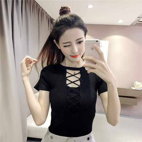 Mùa hè 2017 phiên bản Hàn Quốc mới của những chiếc áo sơ mi tự phối đáy ngắn thời trang gợi cảm khoe ngực trần là áo len mỏng nữ quần áo nữ hàng hiệu