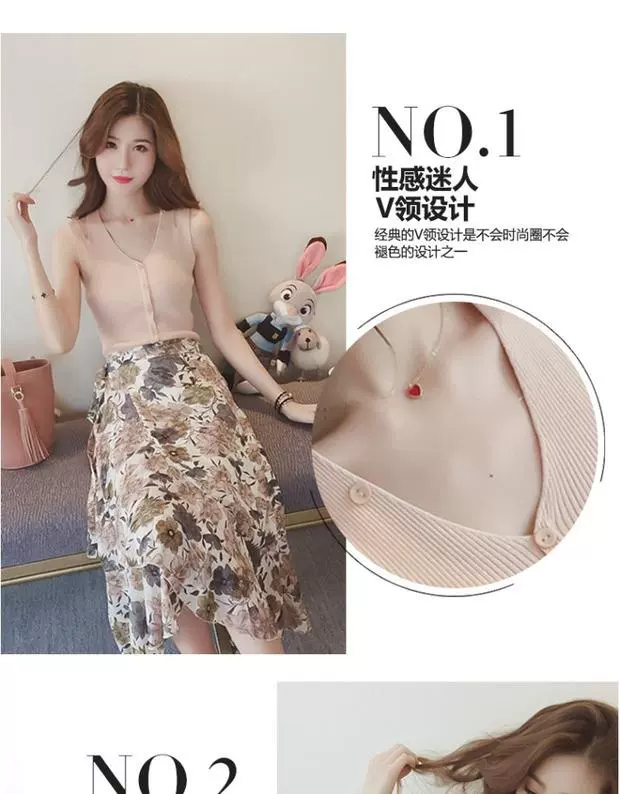 Mặc áo yếm dệt kim có dây đeo vai nữ 2018 hè mới áo sơ mi cổ chữ v nút thắt nút có áo không tay