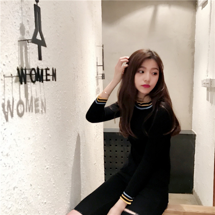 Retro Hàn Quốc chic màu tương phản sọc cổ áo ren đáy áo sơ mi mỏng phần dài tay áo thun áo len áo khoác len mỏng