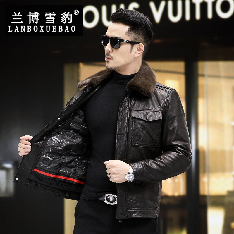 Haining New Style Genuine Leather Jacket for Men, First-Layer Cowhide Motorcycle Short down Jacket with Mink Fur Collar, Youth Leather Jacket