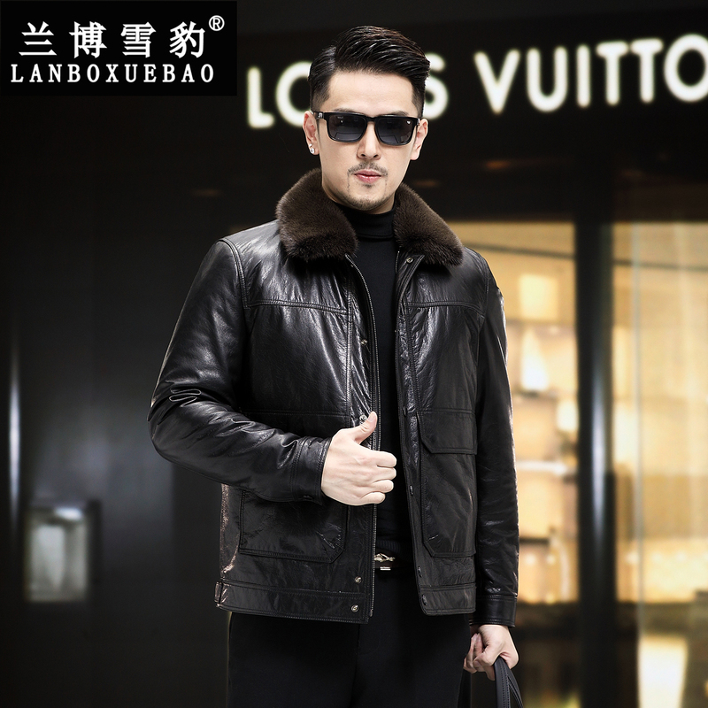 Genuine Leather Jacket for Men, First Layer Oil-Waxed Cowhide, New Model, Suitable for Three Seasons, Detachable down Liner, Mink Fur Collar, Leather down Jacket