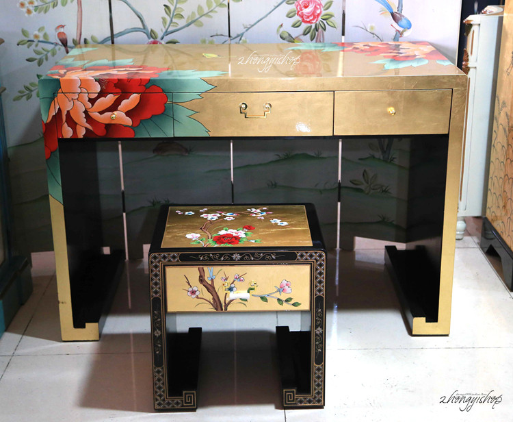 Modern Chinese gold foil hand-drawn dresser dresser mirror combination furniture writing table