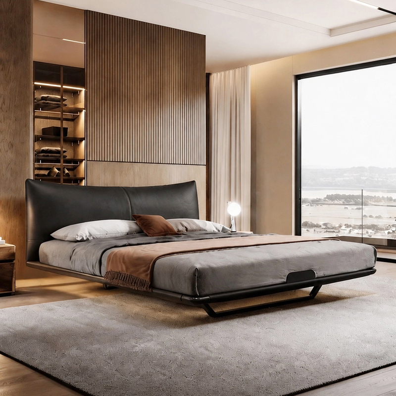 Aluminum Alloy Steel Frame Suspended Chanel-Style Bed with Even Edges, Space-Saving for Small Bedrooms, Ultra-Thin Headboard, Modern Minimalist Double Bed