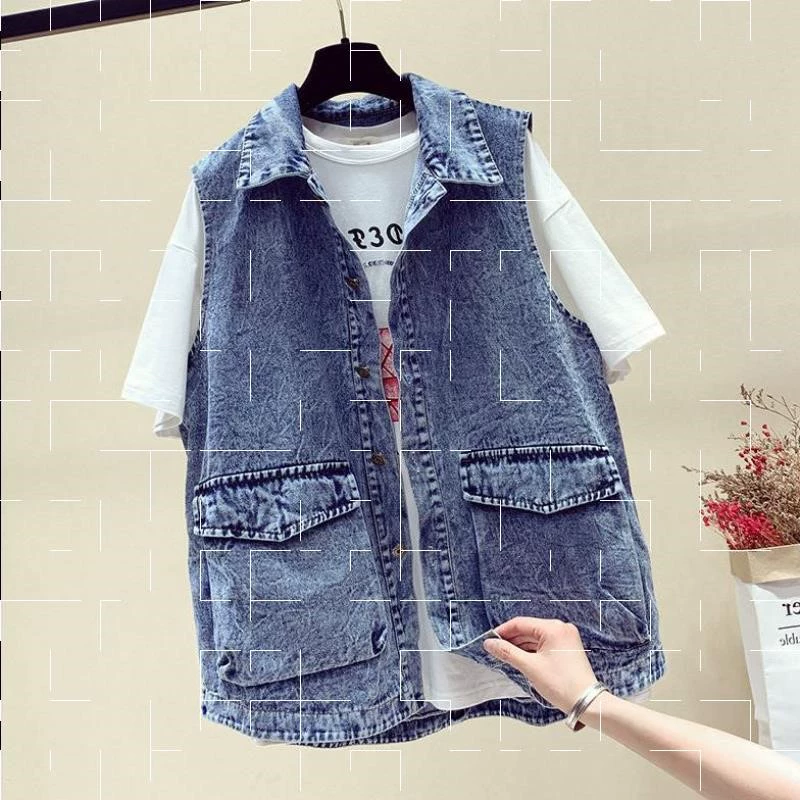 Phụ nữ mùa xuân và mùa thu Hàn Quốc mỏng phù hợp với cổ áo không tay ngắn denim vest vest vest vest - Áo vest