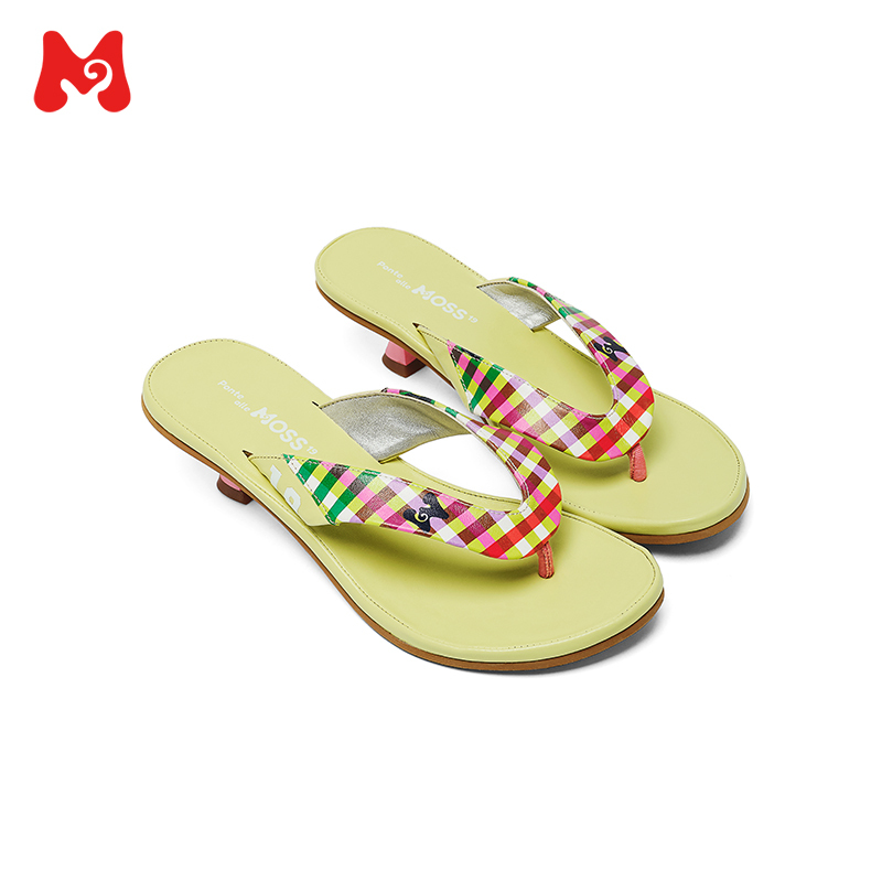 Ponteallemoss19 Summer-Style Plaid Leather New Green 19 Slogan Thong Sandals Kitten Heel Sandals
