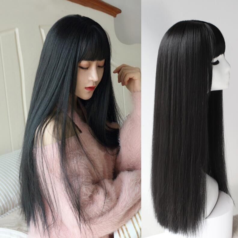 2023 New Style Long Straight Hair with Thin Bangs, Cute Girl Fashion, Fluffy, Elegant, Face-Shaping, Realistic and Natural Wig Set