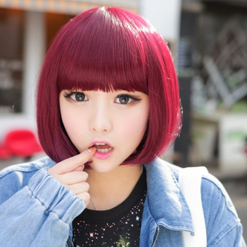 Wig for Women, Short Bob Haircut with Bangs, Burgundy Bob, Non-Mainstream Style, Fluffy Short Straight Full Wig for Girls