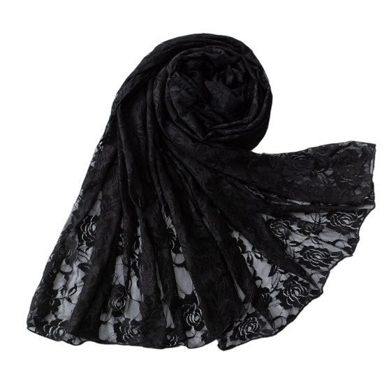 Spring and autumn style versatile women's tulle scarf, retro black silk scarf, fashionable and sexy lace scarf with sun protection long shawl