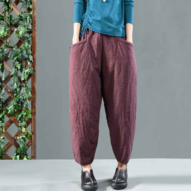 Retro literary cotton and linen quilted trousers, harem pants, carrot pants, elastic waist, loose and thickened, bloomer cotton pants for women