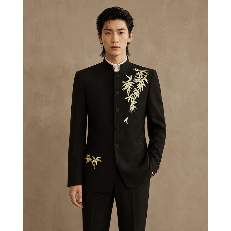 Urbanriot Men's Wedding Suit with Stand Collar, Traditional Chinese Style Formal Attire for the Groom