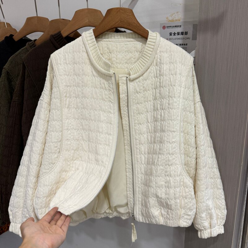 Casual Style Quilted Short Jacket for Women 2026 Autumn New Round Neck Zipper Loose Slimming Lightweight Cotton Jacket
