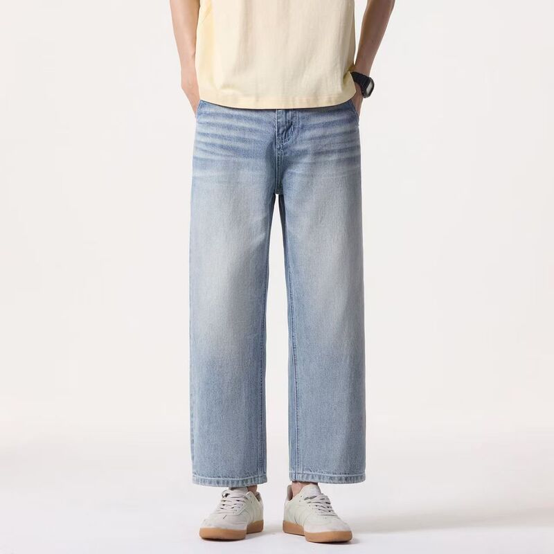Hong Kong Trendy Brand American-Style Light Blue Men's Slim Straight Pants Versatile Loose Pants Youth High-End Retro Wide-Leg Pants