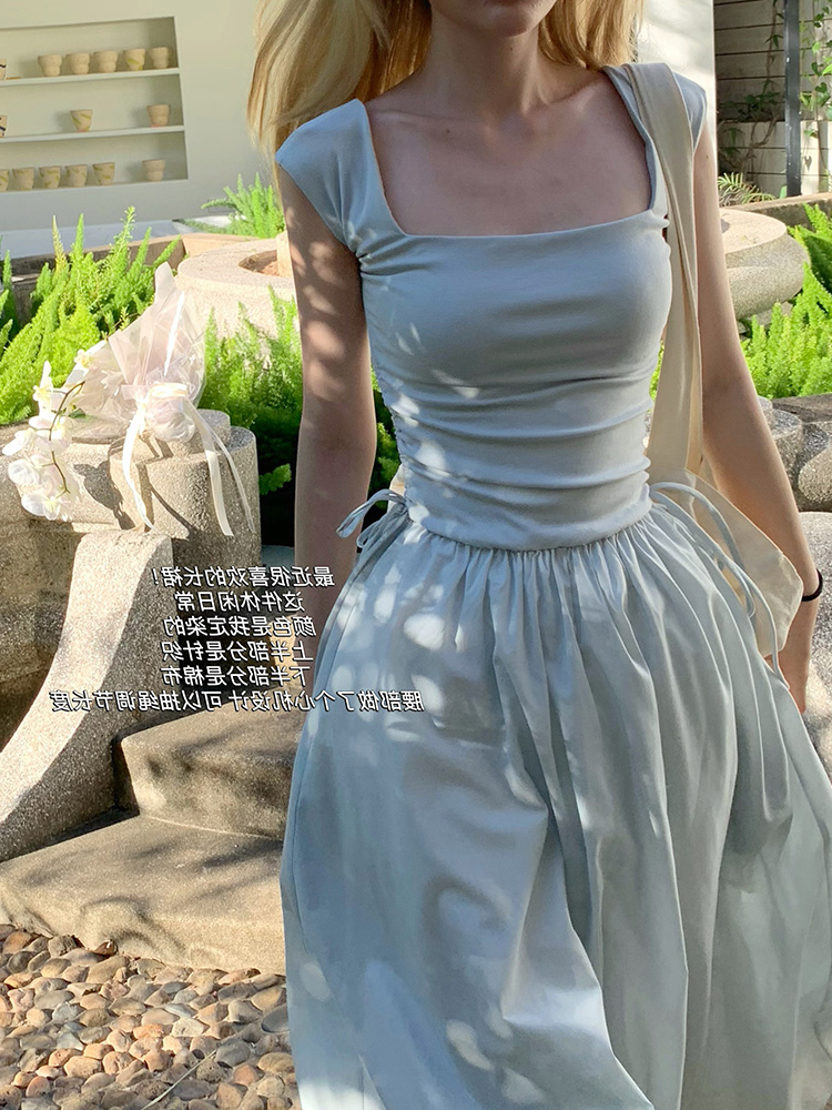 Summer dress, fitted long skirt, square neckline, city style Summer dress, fitted long skirt, square neckline, city style