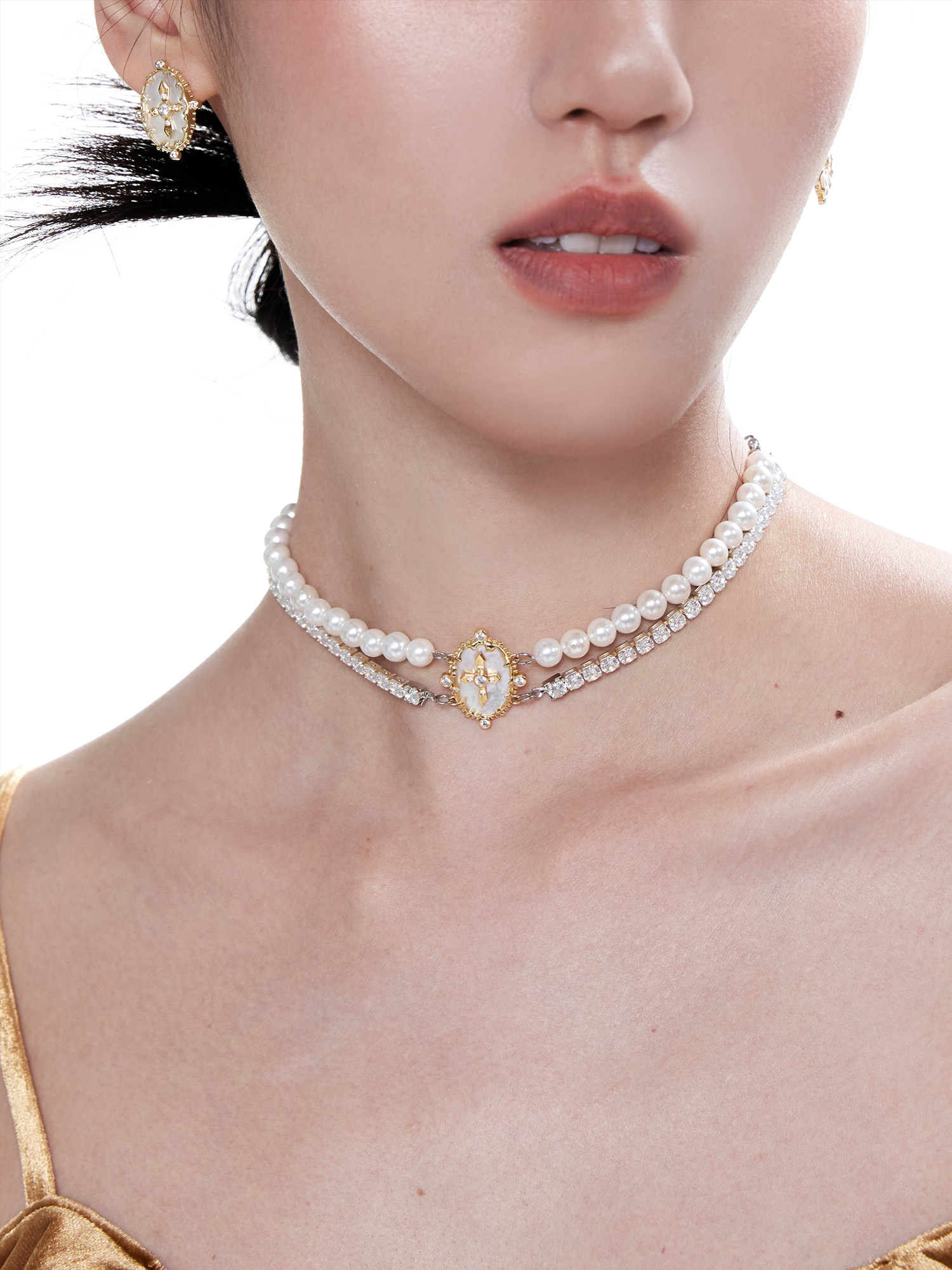 Floating U-shaped Broken City Original Gold Cross Pearl Necklace Retro Exquisite Zirconia Clavicle Chain
