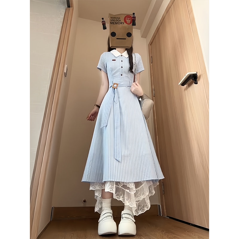 Korean-Style College-Style Blue Striped Dress, Mid-Length, New Summer Style, Mori Girl Style, Tie-Waist Mid-Length Dress Korean-Style College-Style Blue Striped Dress, Mid-Length, New Summer Style, Mori Girl Style, Tie-Waist Mid-Length Dress