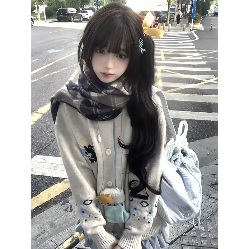 Trendy Korean Style Sweet and Cute Cartoon Cat Knitted Cardigan for Women, Autumn and Winter Lazy Atmosphere Sweater Jacket