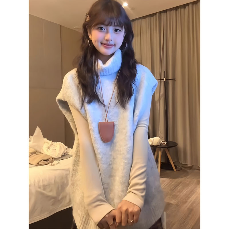 Trendy Korean Retro Two-Piece Set with a High-End Feel, Versatile Long-Sleeve Base Shirt, Loose and Simple High-Neck Vest for Women in Autumn Trendy Korean Retro Two-Piece Set with a High-End Feel, Versatile Long-Sleeve Base Shirt, Loose and Simple High-Neck Vest for Women in Autumn