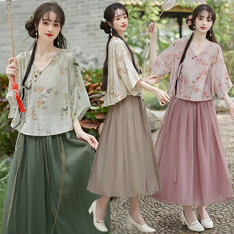 New Chinoiserie National Trend Printed Three-Quarter Sleeve Top Women's Shirt V Neck Oblique Placket Lace-Up Artistic Skirt Han Dynasty Suit