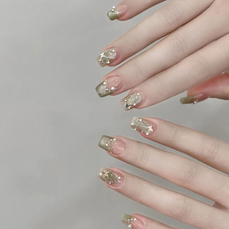 Purely Handmade High-End Manicure ins Jasmine Milk Green Cat Eye French Style Wearable Whitening Short Fresh Nail Stickers Purely Handmade High-End Manicure ins Jasmine Milk Green Cat Eye French Style Wearable Whitening Short Fresh Nail Stickers