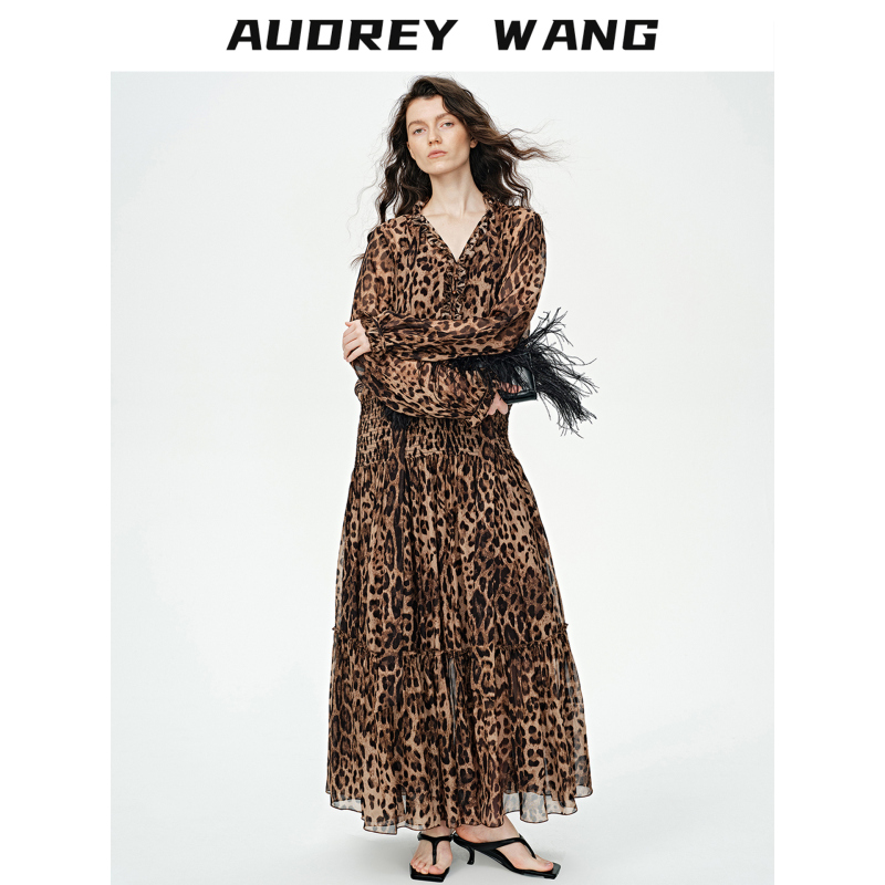Audrey Wang Romantic and Fashionable Holiday Retro Mature Style Leopard Print Waist-Cinching Flared Sexy Slimming Dress