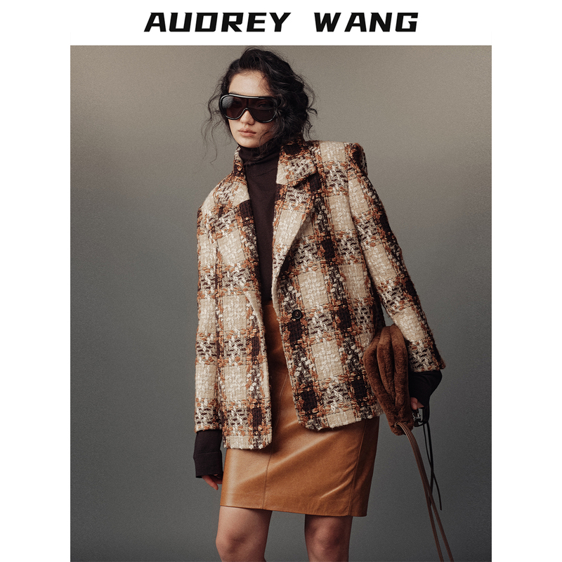 Audreywang Yangshulin Style Caramel Brown Plaid Tweed High-Quality Blazer 15217 Audreywang Yangshulin Style Caramel Brown Plaid Tweed High-Quality Blazer 15217
