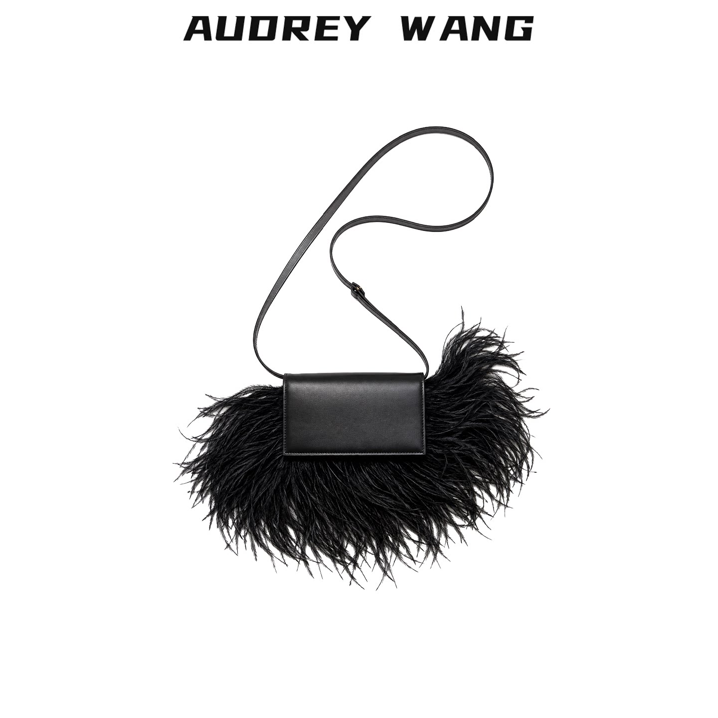 AUDREY WANG Black Ostrich Feather Crossbody Bag with Leather Flap - Exquisite Evening Shoulder Bag