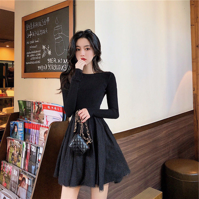 Autumn and winter 2020 new plus velvet mesh stitching long-sleeved dress female solid color waist thin knit skirt ins