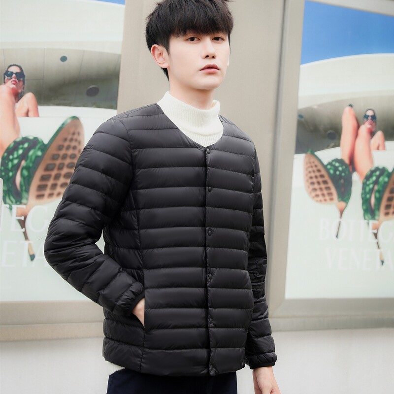 Warm down Lining Winter Men's Round Neck Lightweight down Jacket Short Style Portable Collarless Coat