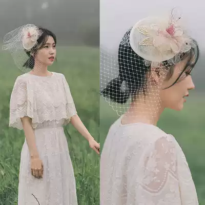 Korean retro French bridal travel photo cover veil headdress Hair accessories hairpin small hat with light wedding dress
