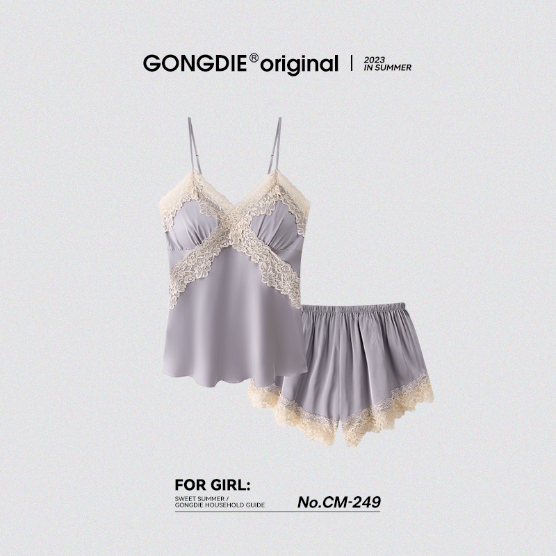 Gongdie [クールタイプ] アイスシルクパジャマ レディース 夏用 サスペンダーショーツ パジャマ セクシー セット 胸パッド付き ホームウェア