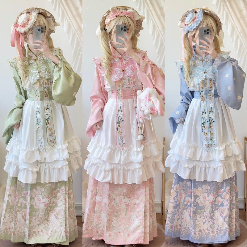 Moru Yun's Original Han-Yang Fusion Ming-Style Cross-Collar Hanfu for Women with Pipa Sleeves, Embroidered Cloud Shoulder Cape, and Lolita-Style Skirt Set