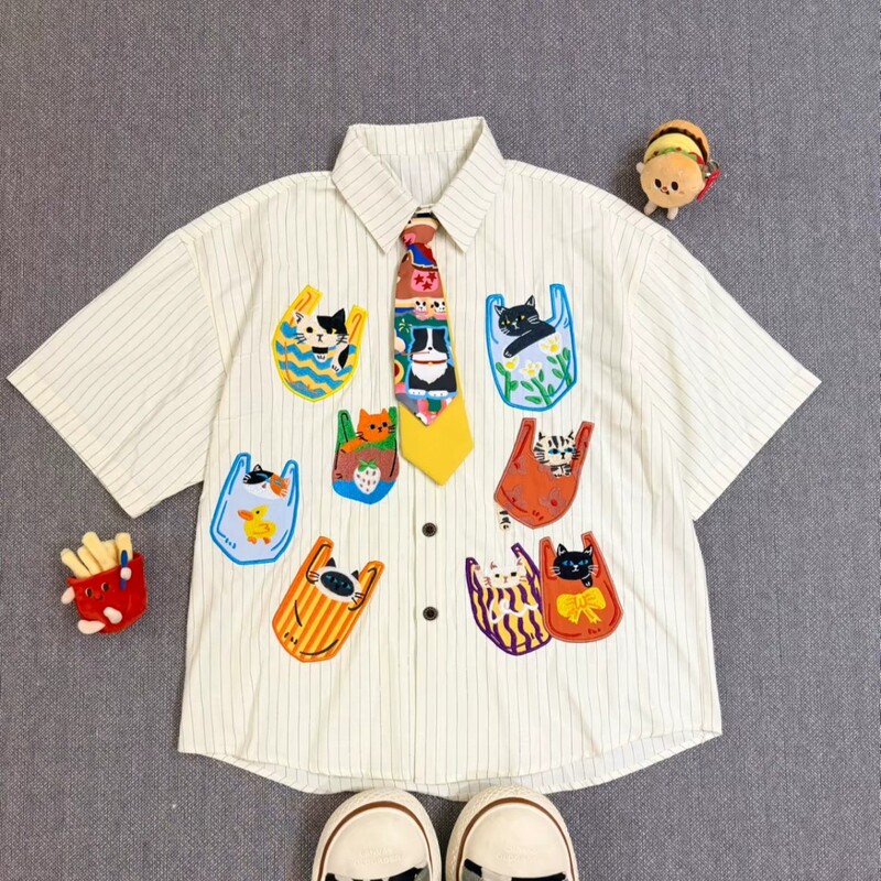 Embroidered Cat Shirt, Retro and Cute, New Spring and Summer Style, Unisex, Versatile, Loose, Trendy Striped White Shirt Embroidered Cat Shirt, Retro and Cute, New Spring and Summer Style, Unisex, Versatile, Loose, Trendy Striped White Shirt