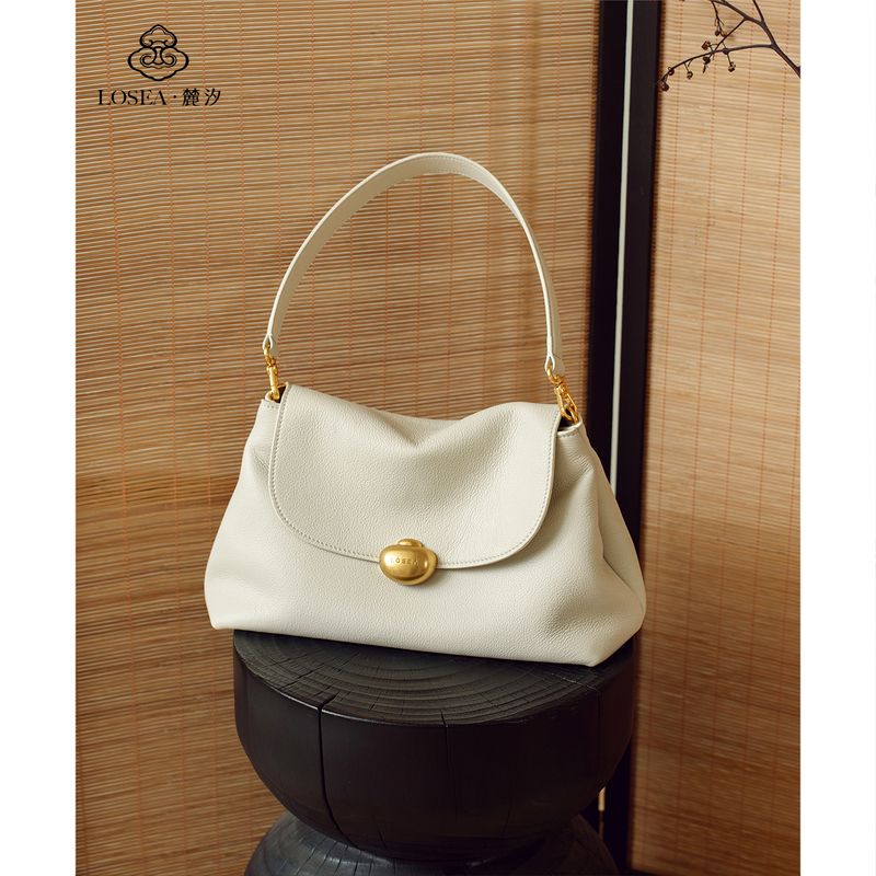 Losea Luxi Original First-Layer Cowhide Yuanbao Bag for Women 2026 New White Shoulder Underarm Bag