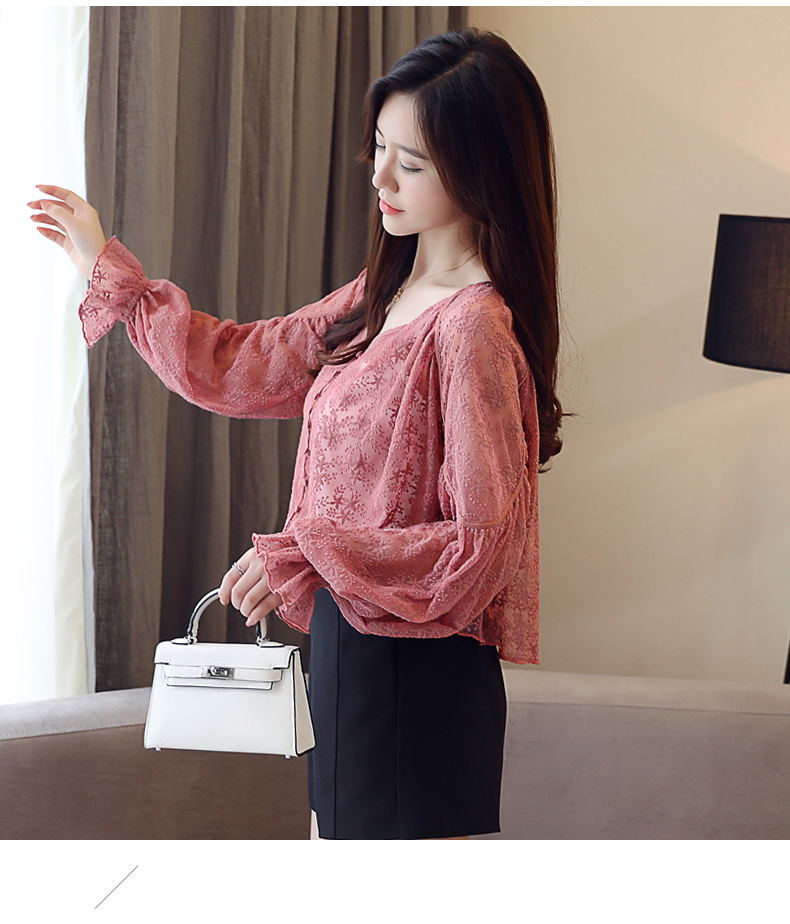 Áo sơ mi thêu hoa ren dài tay áo voan ngọt ngào cổ tích Đèn lồng tay áo sơ mi nhỏ tay áo phồng mùa thu áo sơ mi kẻ sọc nữ hàn quốc