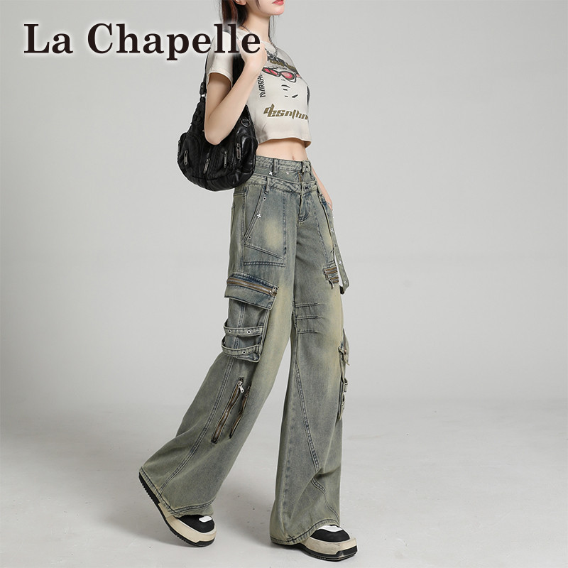 La Chapelle American-Style Heavy-Duty Multi-Pocket Workwear Jeans for Women, Niche High-Street Loose High-Waisted Straight-Leg Wide-Leg Pants