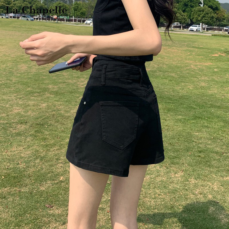 La Chapelle Black Denim Shorts for Women, Summer 2026 New Style, A-Line Loose High-Waisted Slimming Hot Pants