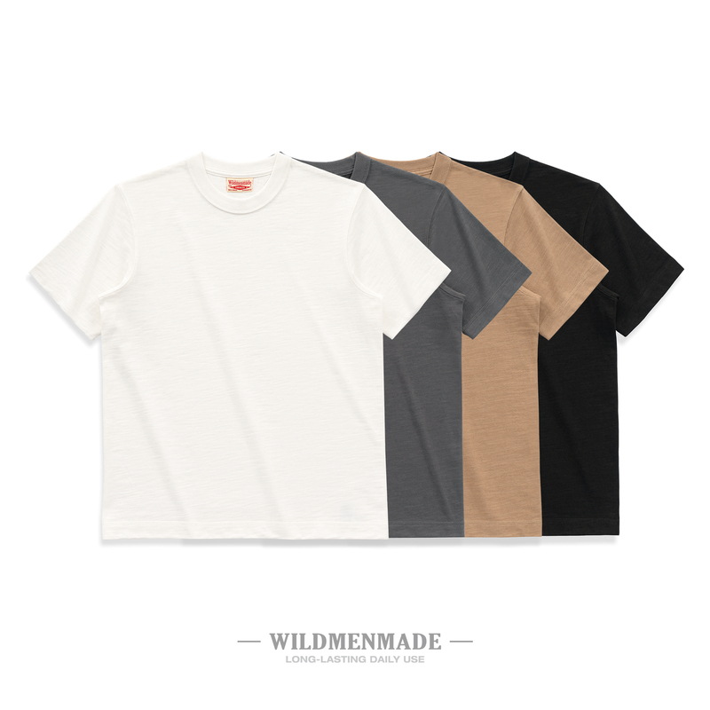 320g Heavy-Duty Bamboo Cotton Pure Cotton Vintage Basic Round Neck Solid Color Short-Sleeve T-Shirt for Men Khaki