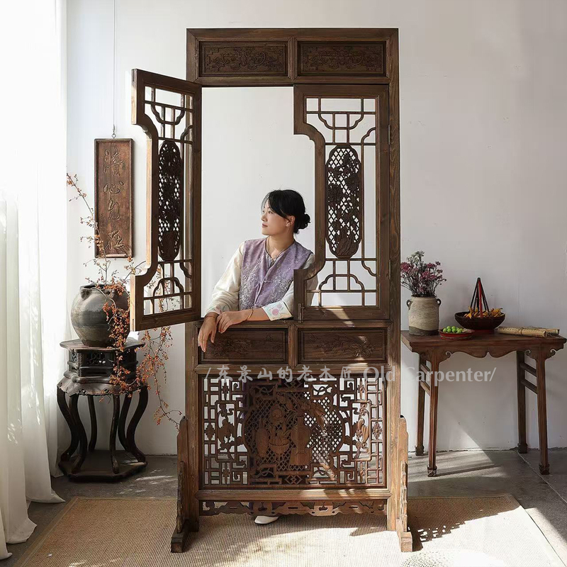 Chinese-Style Vintage Distressed Window-Opening Antique Doors and Windows Carved Screen Partition Background Wall Dongyang Wood Carving Photography Props