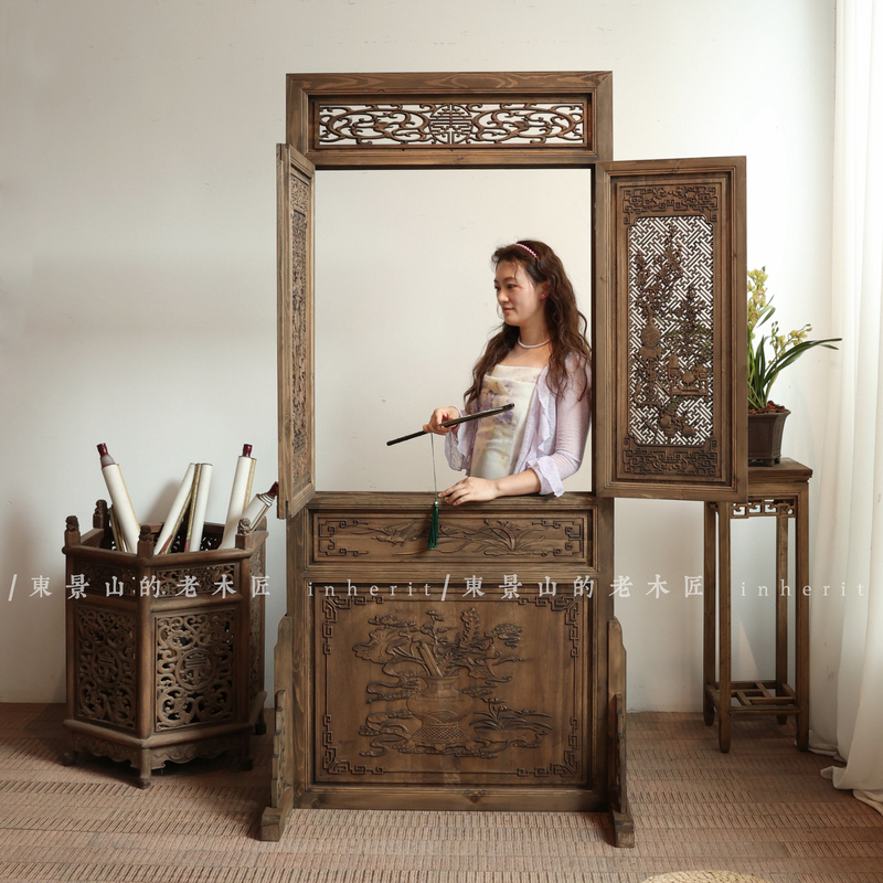 Chinese-Style Antique Photography Window with Distressed Finish, Openable Window, Antique Carved Screen Partition, Background Prop, Dongyang Wood Carving