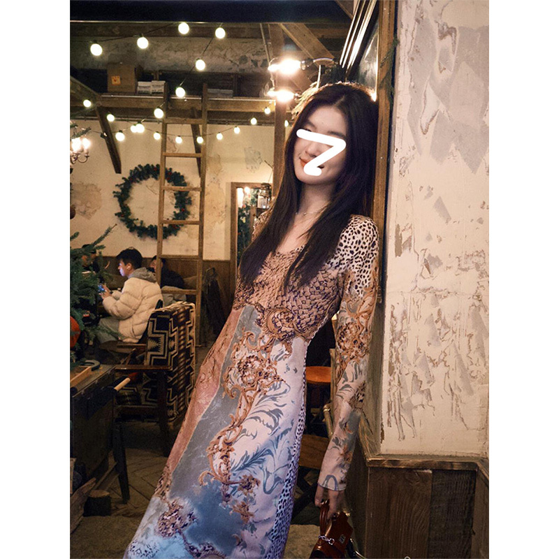 Gardenia Retro Fashionable Leopard Print V Neck Long-Sleeved Dress for Women Spring Cool Elegant Slim Long Skirt Gardenia Retro Fashionable Leopard Print V Neck Long-Sleeved Dress for Women Spring Cool Elegant Slim Long Skirt