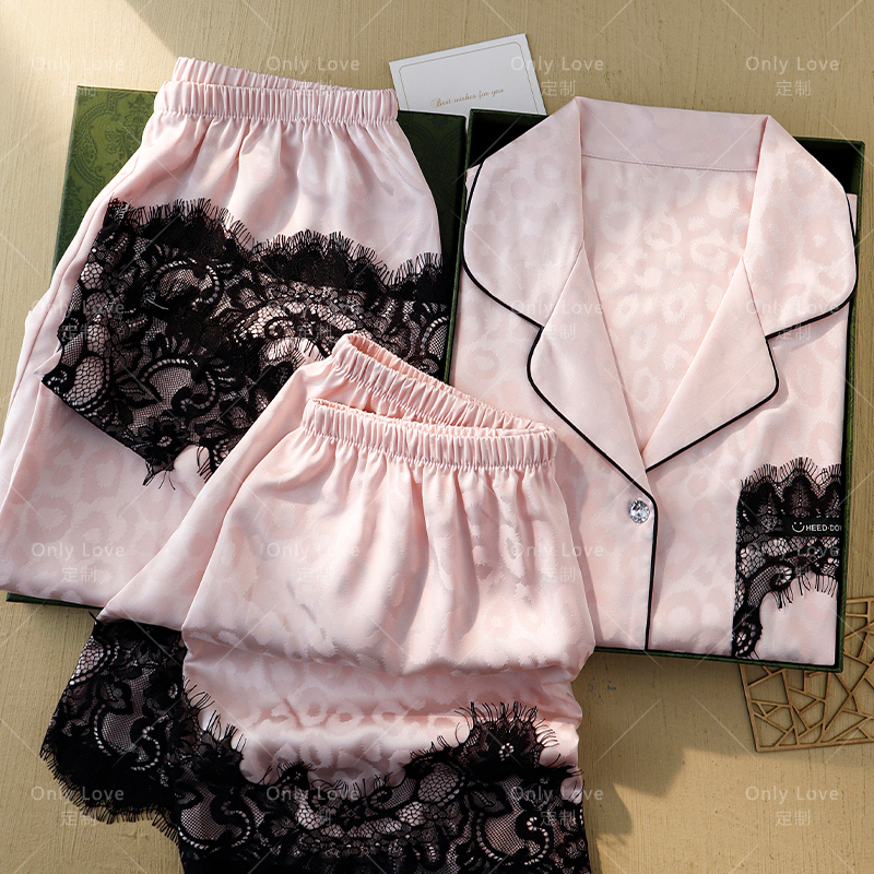 100% Mulberry Silk Three-Piece Silk Pajamas [Only Love] Women's Lace Leopard Print Loungewear Gift Box