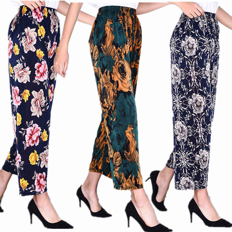 Summer middle aged ice silk women pants tightness waist casual 90% inner lap pants mom pants loose large size trousers